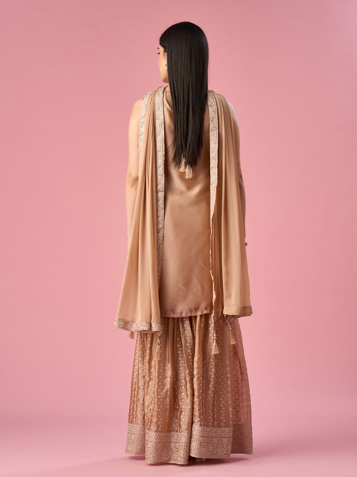 Mohey Women Fawn Silk Sharara Suit with Stone Work