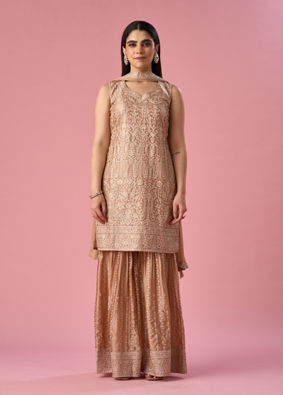 Mohey Women Fawn Silk Sharara Suit with Stone Work