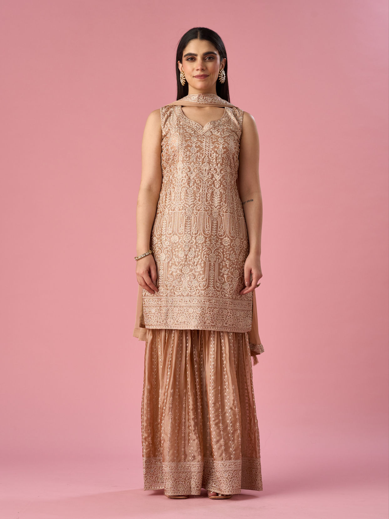 Mohey Women Fawn Silk Sharara Suit with Stone Work