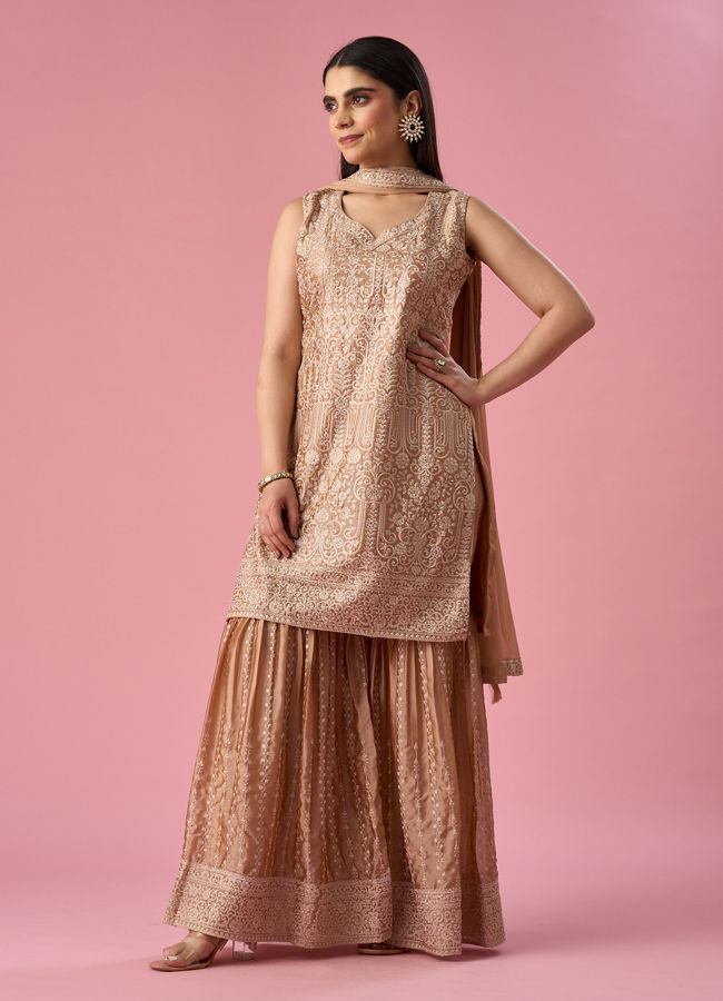 Mohey Women Fawn Silk Sharara Suit with Stone Work