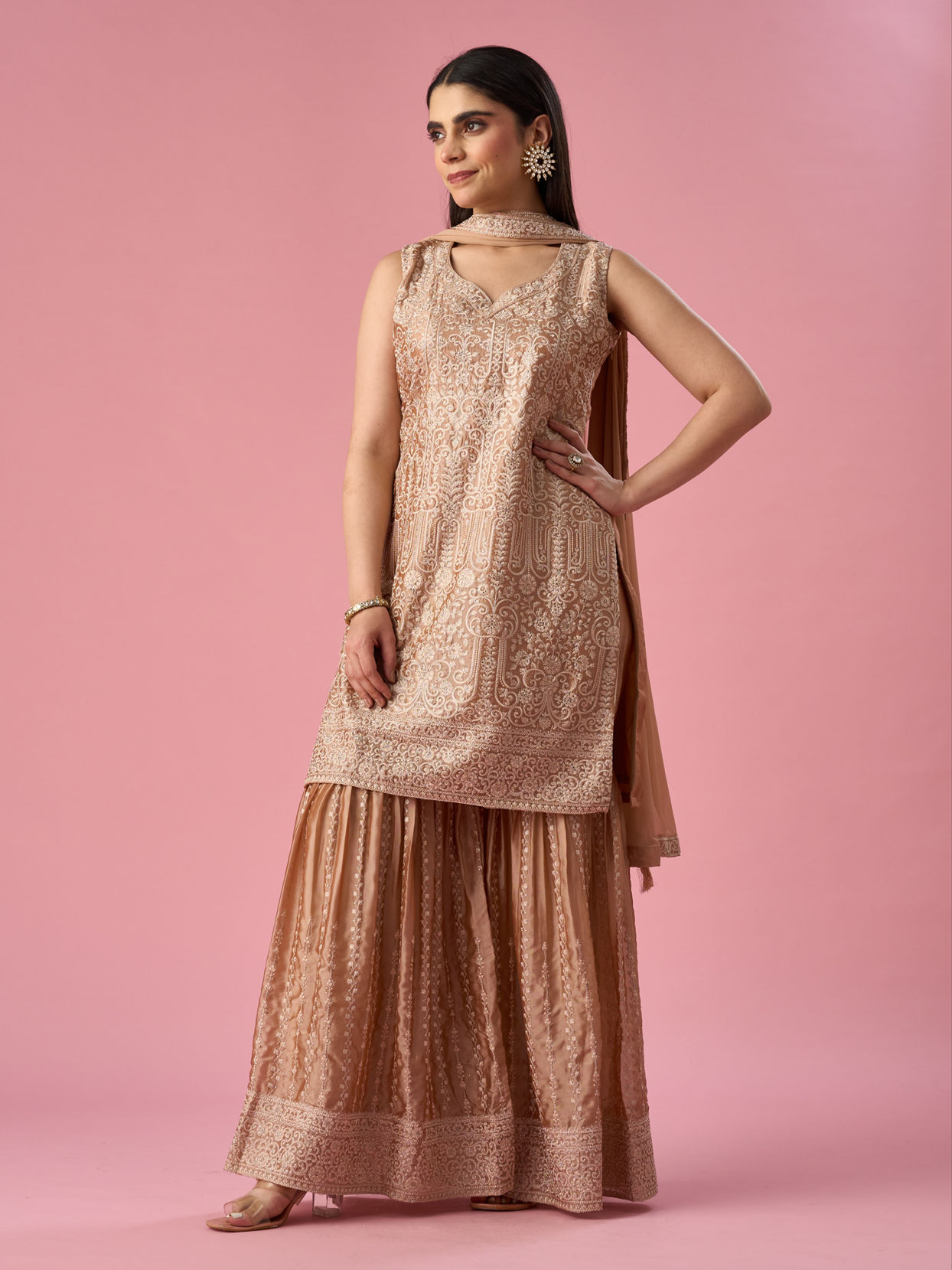 Mohey Women Fawn Silk Sharara Suit with Stone Work