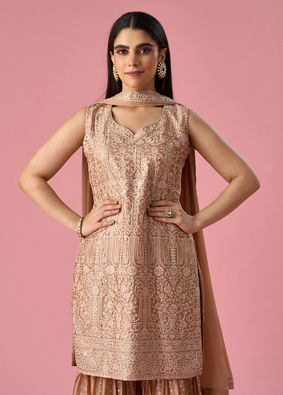 Mohey Women Fawn Silk Sharara Suit with Stone Work