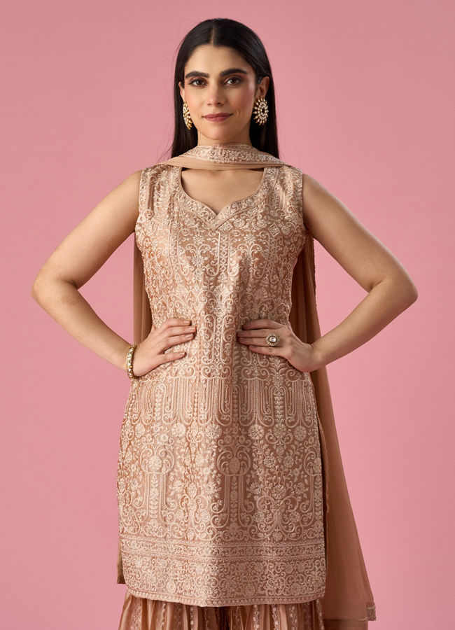 Mohey Women Fawn Silk Sharara Suit with Stone Work