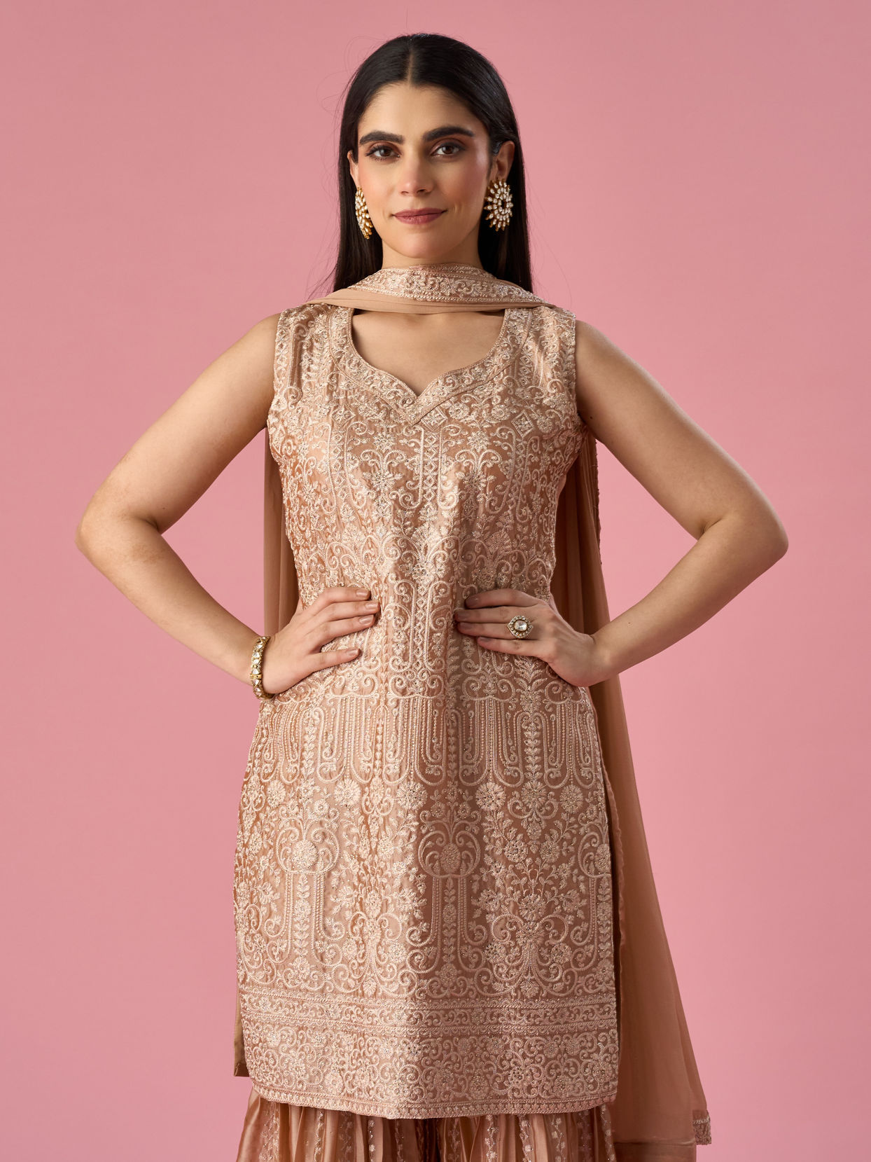 Mohey Women Fawn Silk Sharara Suit with Stone Work
