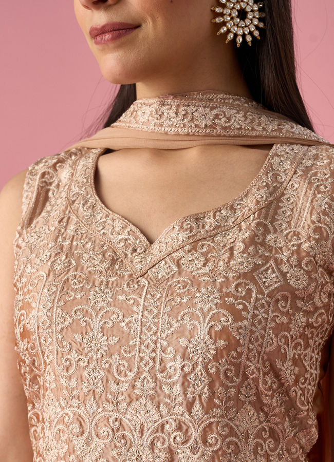 Mohey Women Fawn Silk Sharara Suit with Stone Work