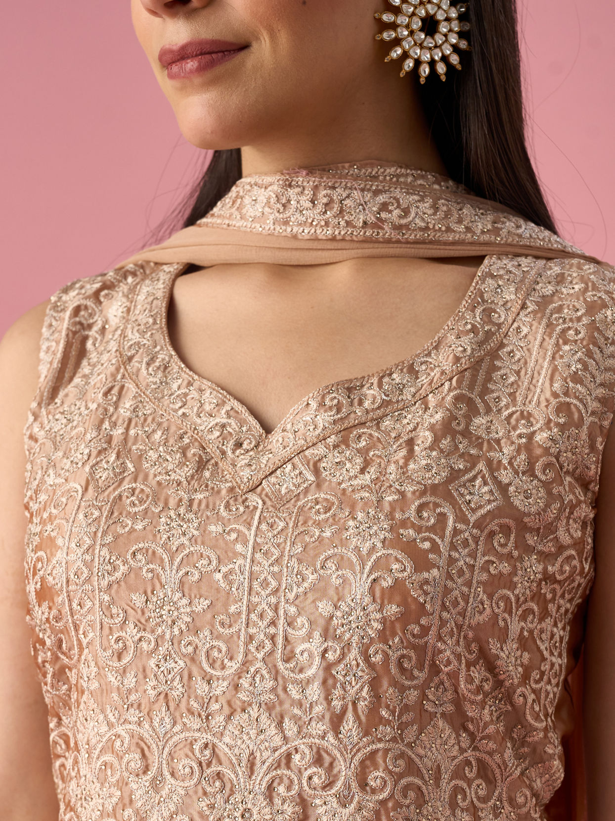 Mohey Women Fawn Silk Sharara Suit with Stone Work