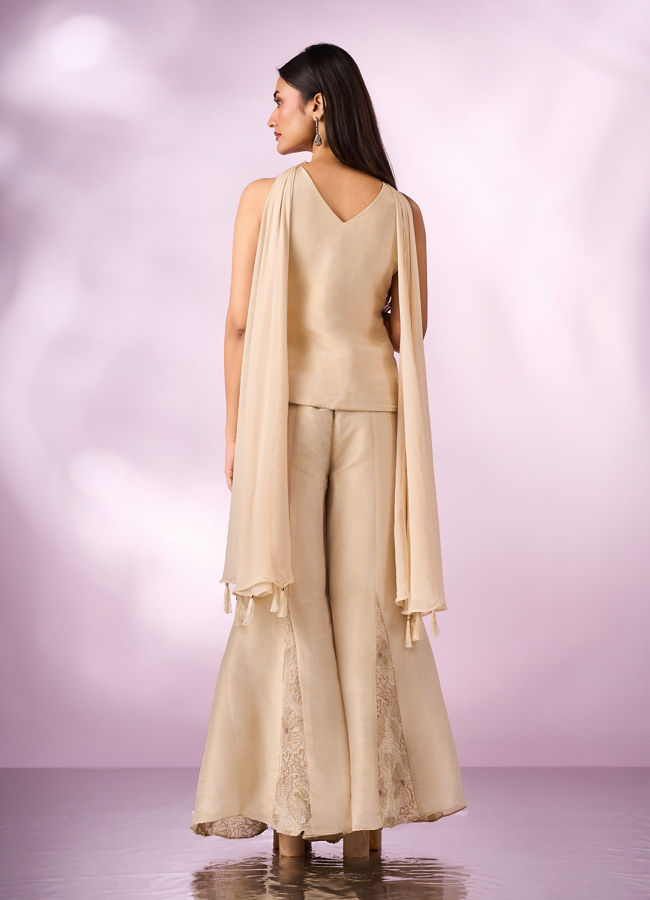 Mohey Women Cream Tissue Palazzo Suit with Cutdana Work