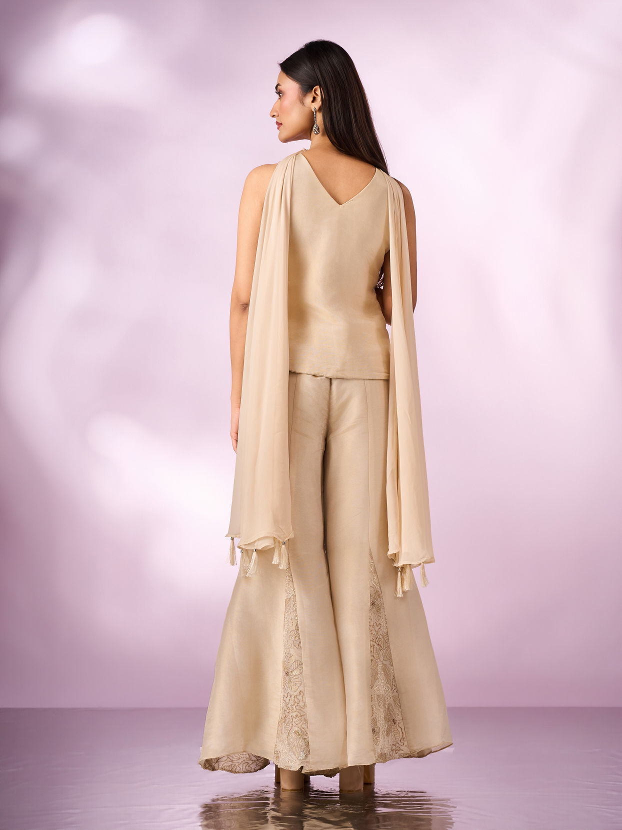 Mohey Women Cream Tissue Palazzo Suit with Cutdana Work