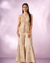 Mohey Women Cream Tissue Palazzo Suit with Cutdana Work
