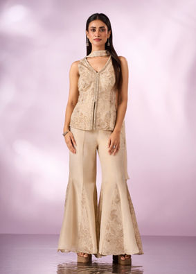 Mohey Women Cream Tissue Palazzo Suit with Cutdana Work