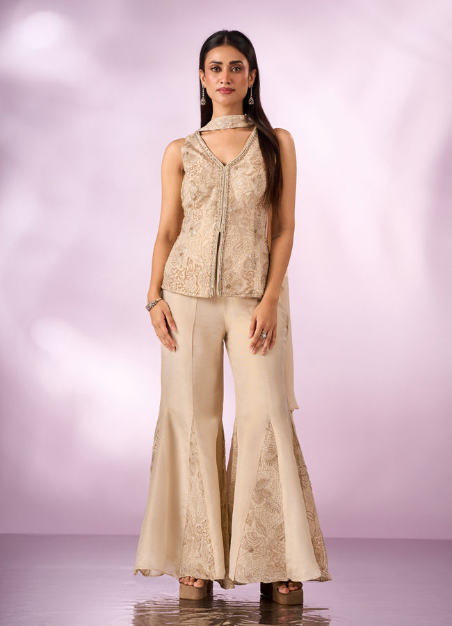 Mohey Women Cream Tissue Palazzo Suit with Cutdana Work