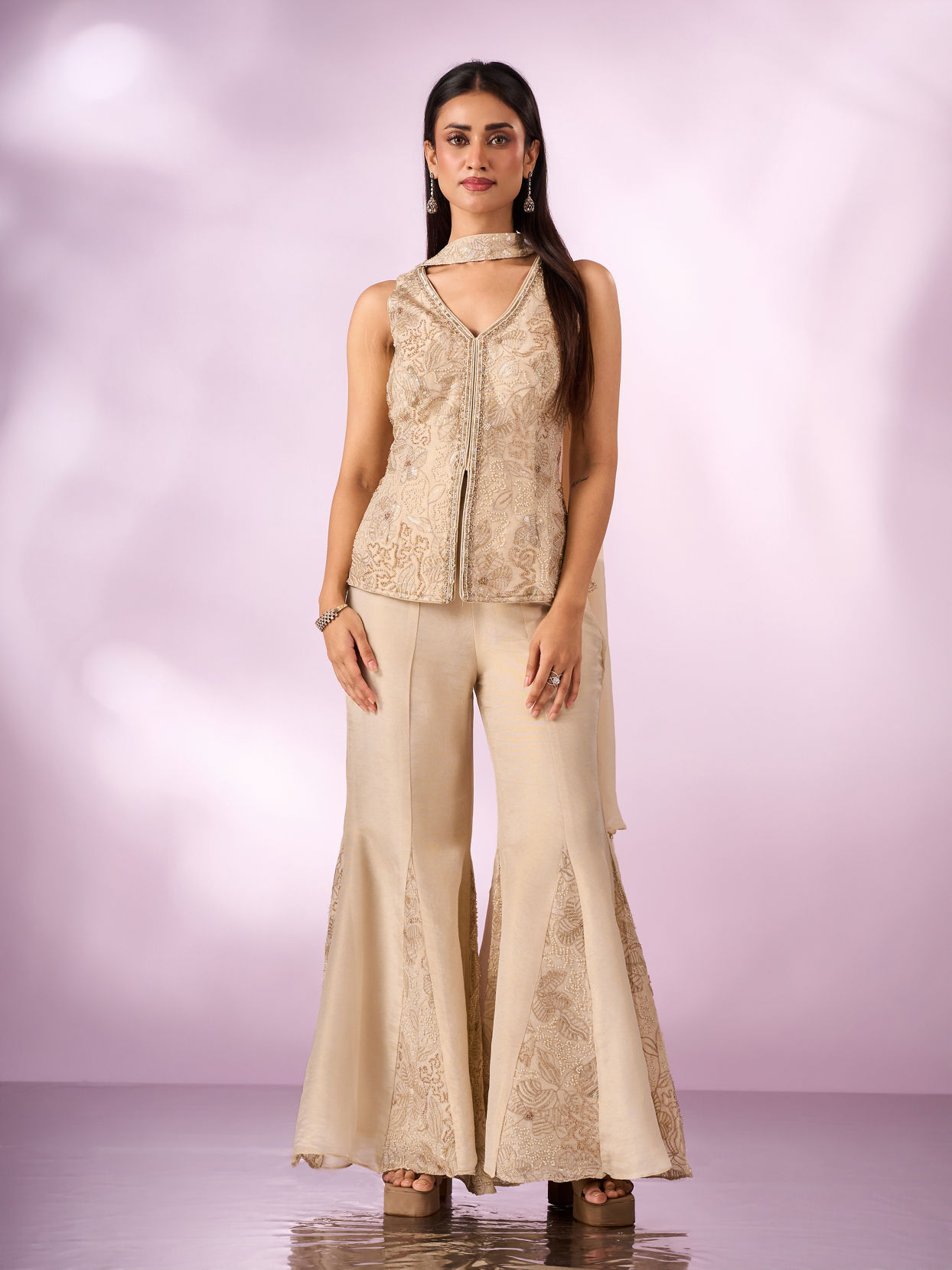 Mohey Women Cream Tissue Palazzo Suit with Cutdana Work