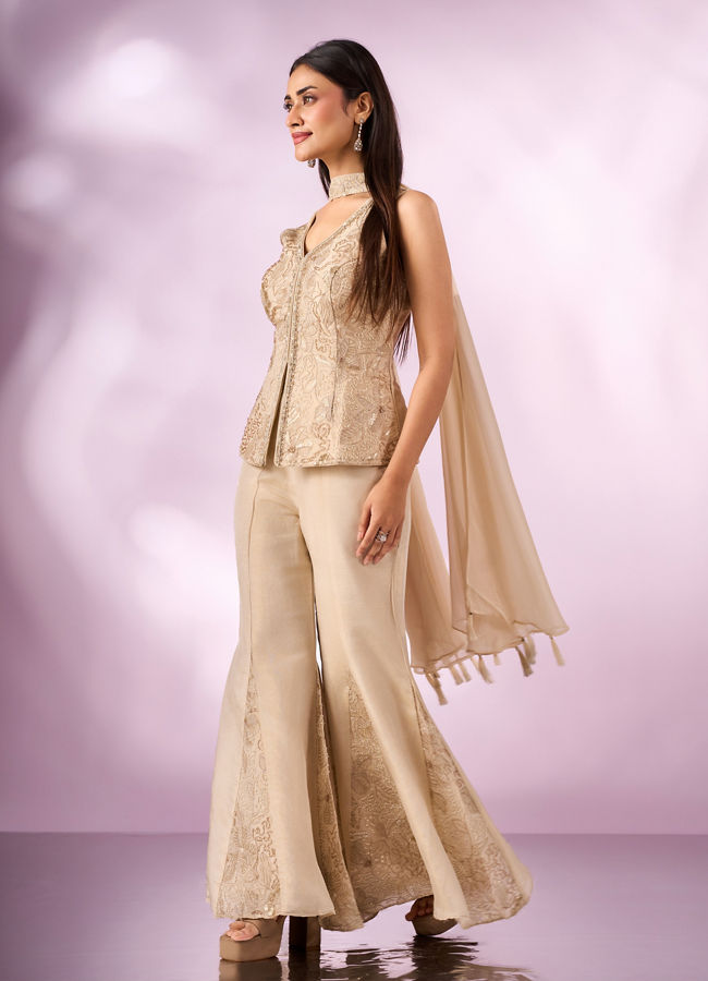 Mohey Women Cream Tissue Palazzo Suit with Cutdana Work