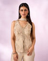Mohey Women Cream Tissue Palazzo Suit with Cutdana Work