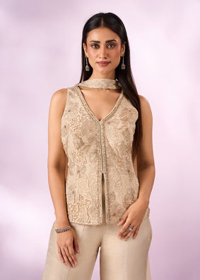Mohey Women Cream Tissue Palazzo Suit with Cutdana Work