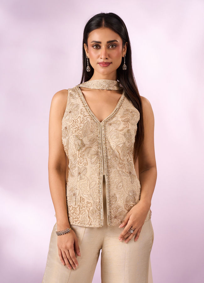 Mohey Women Cream Tissue Palazzo Suit with Cutdana Work