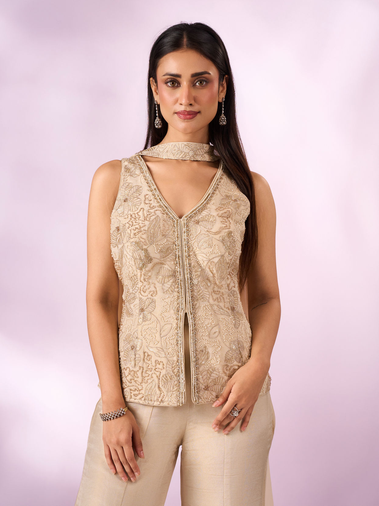 Mohey Women Cream Tissue Palazzo Suit with Cutdana Work