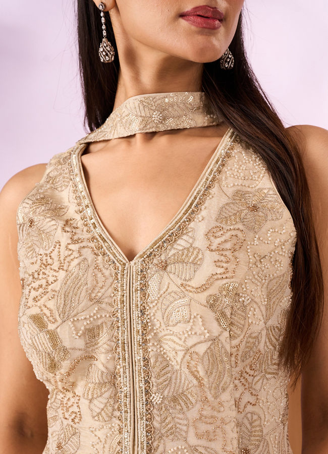Mohey Women Cream Tissue Palazzo Suit with Cutdana Work