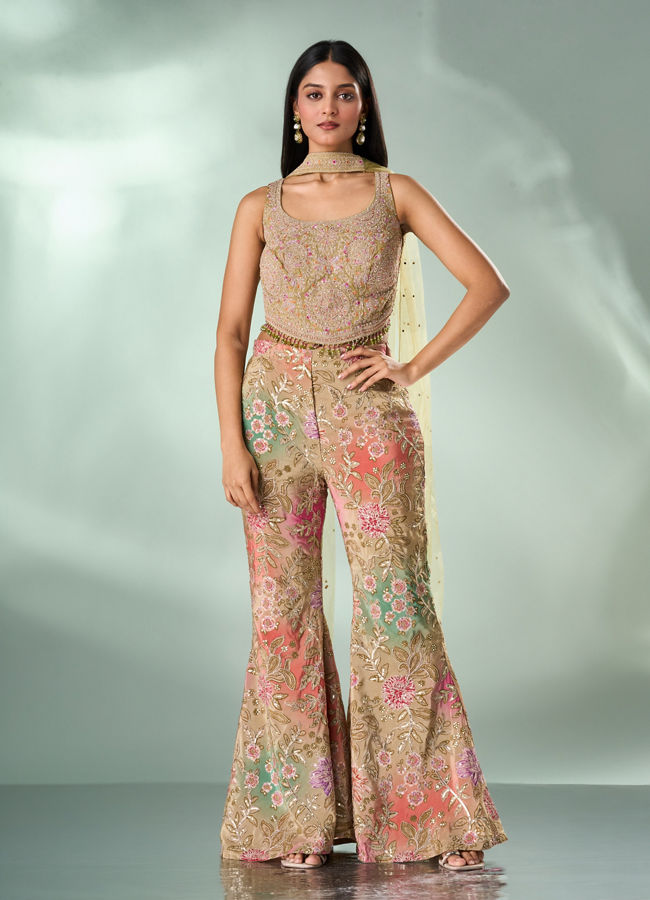 Mohey Women Green Chinon Indo Western Top with Palazzo and Dupatta