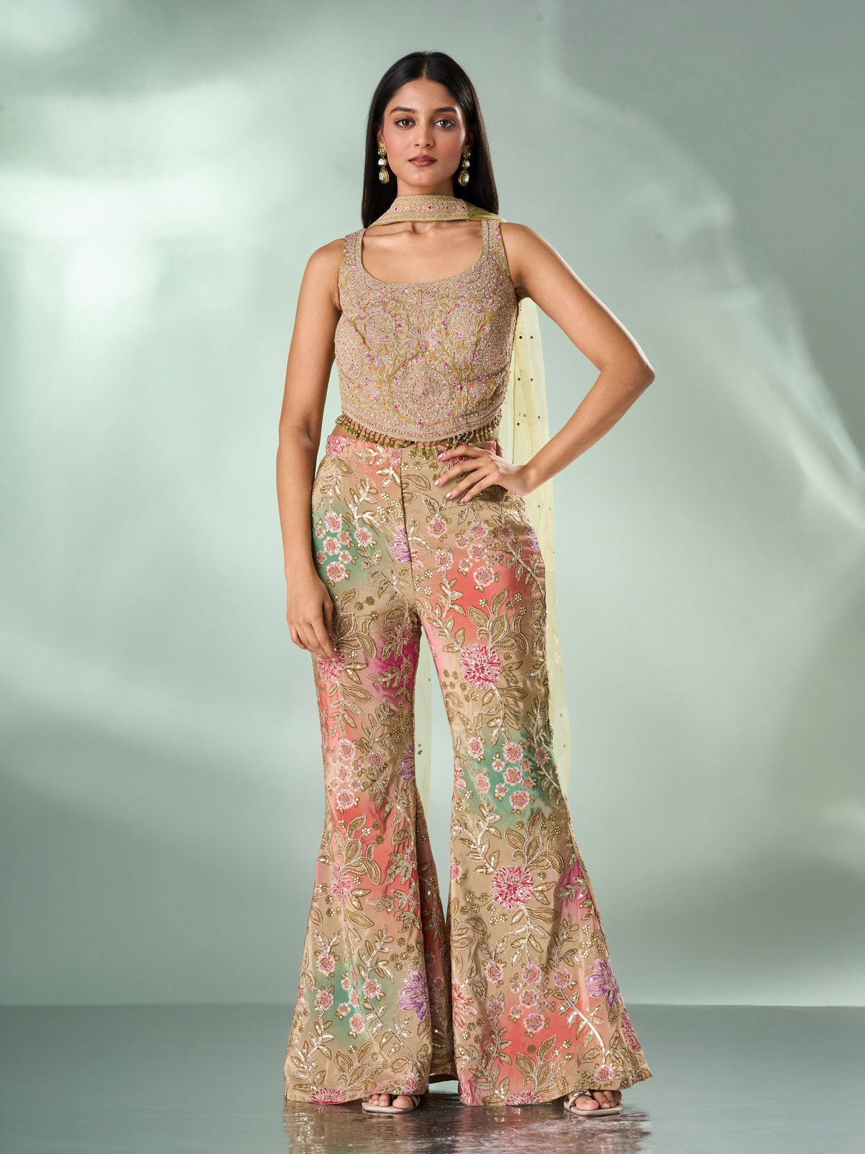 Mohey Women Green Chinon Indo Western Top with Palazzo and Dupatta