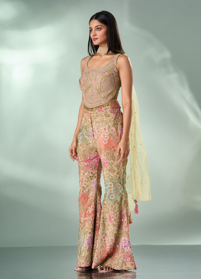 Mohey Women Green Chinon Indo Western Top with Palazzo and Dupatta