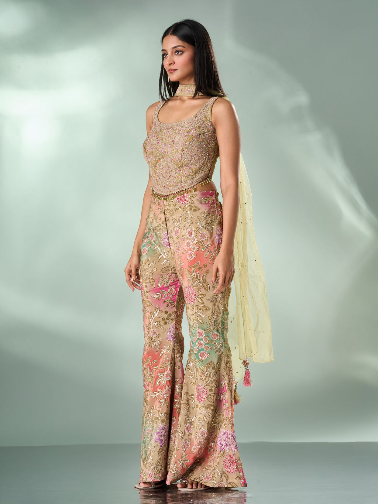 Mohey Women Green Chinon Indo Western Top with Palazzo and Dupatta