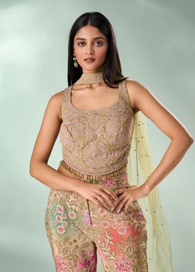 Mohey Women Green Chinon Indo Western Top with Palazzo and Dupatta