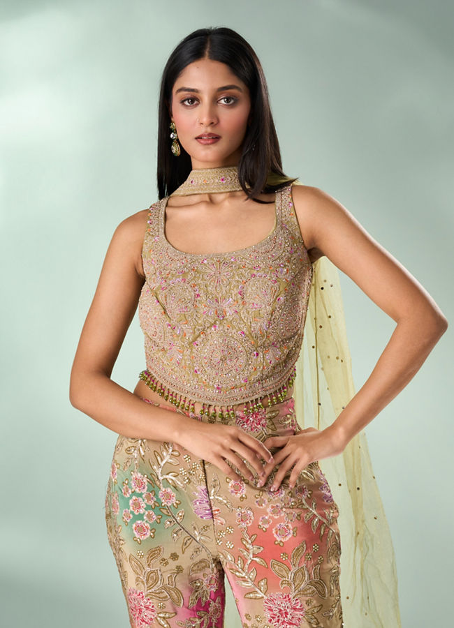 Mohey Women Green Chinon Indo Western Top with Palazzo and Dupatta