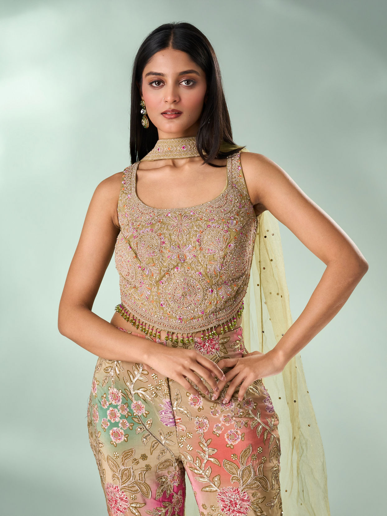 Mohey Women Green Chinon Indo Western Top with Palazzo and Dupatta