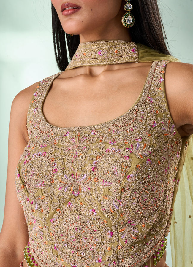 Mohey Women Green Chinon Indo Western Top with Palazzo and Dupatta