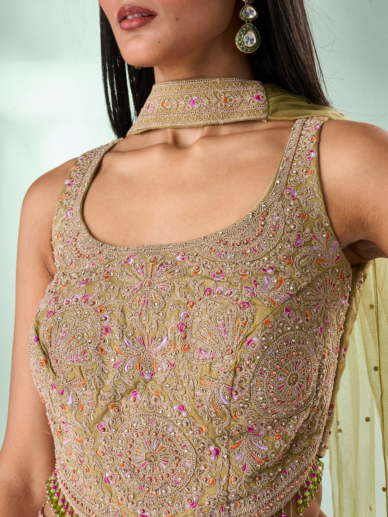 Mohey Women Green Chinon Indo Western Top with Palazzo and Dupatta