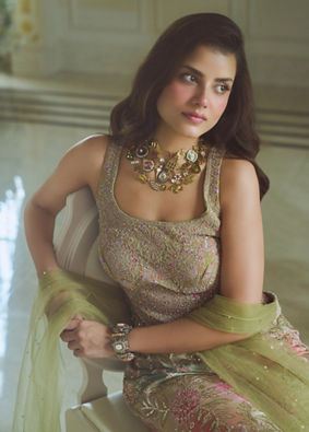Mohey Women Green Chinon Indo Western Top with Palazzo and Dupatta