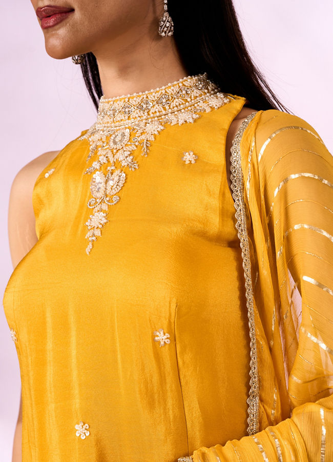 Mohey Women Yellow Tissue Palazzo Suit with Cutdana Work