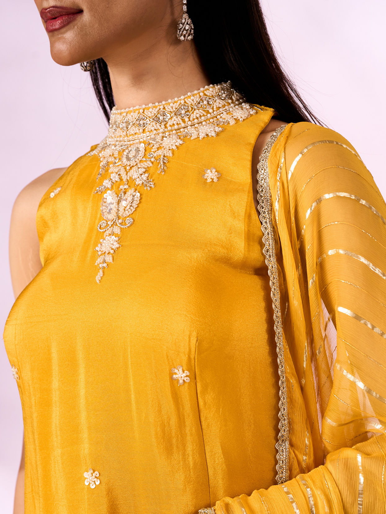 Mohey Women Yellow Tissue Palazzo Suit with Cutdana Work
