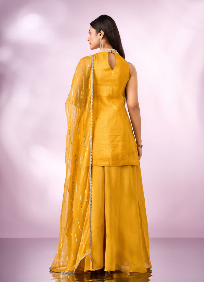 Mohey Women Yellow Tissue Palazzo Suit with Cutdana Work