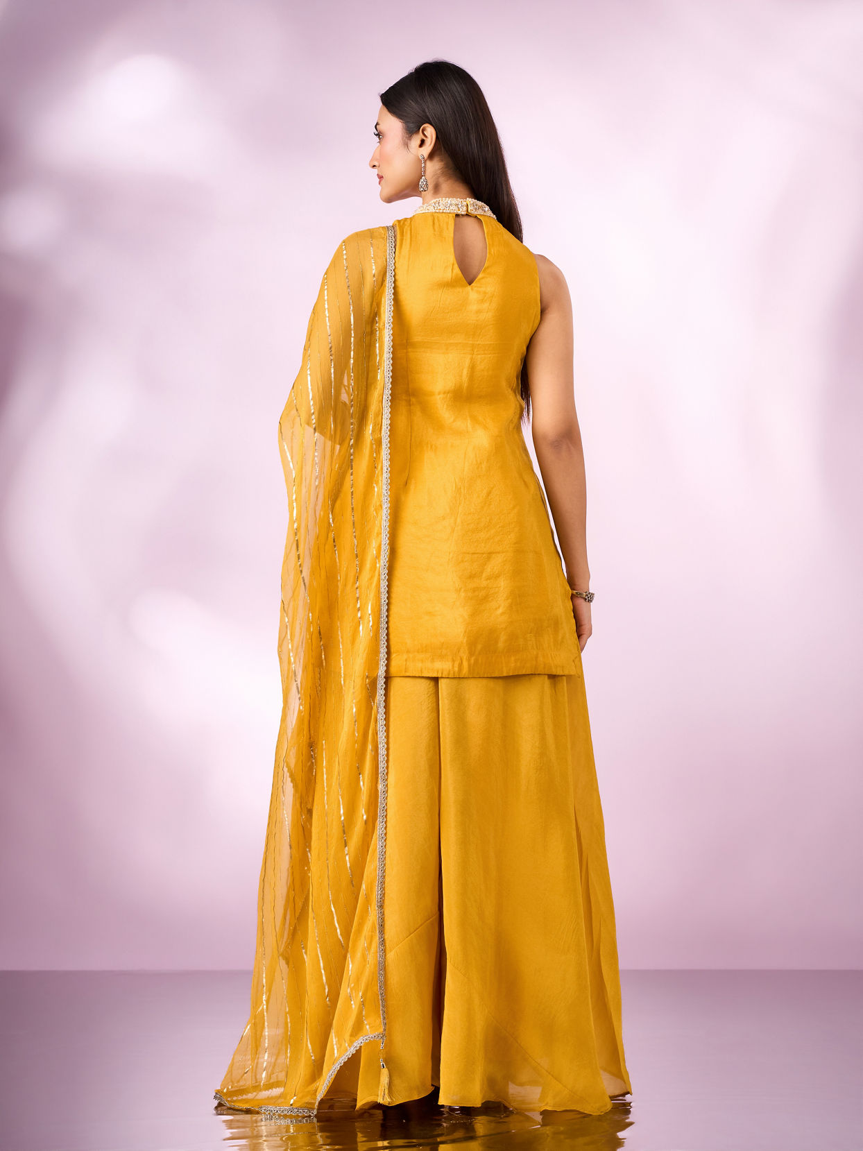 Mohey Women Yellow Tissue Palazzo Suit with Cutdana Work