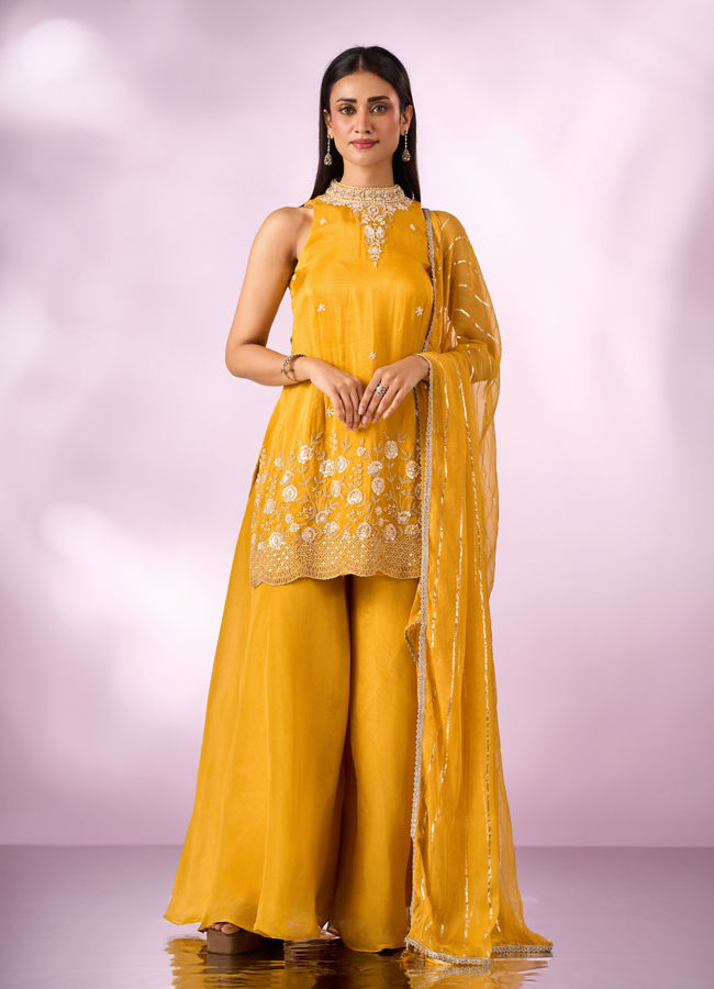 Mohey Women Yellow Tissue Palazzo Suit with Cutdana Work