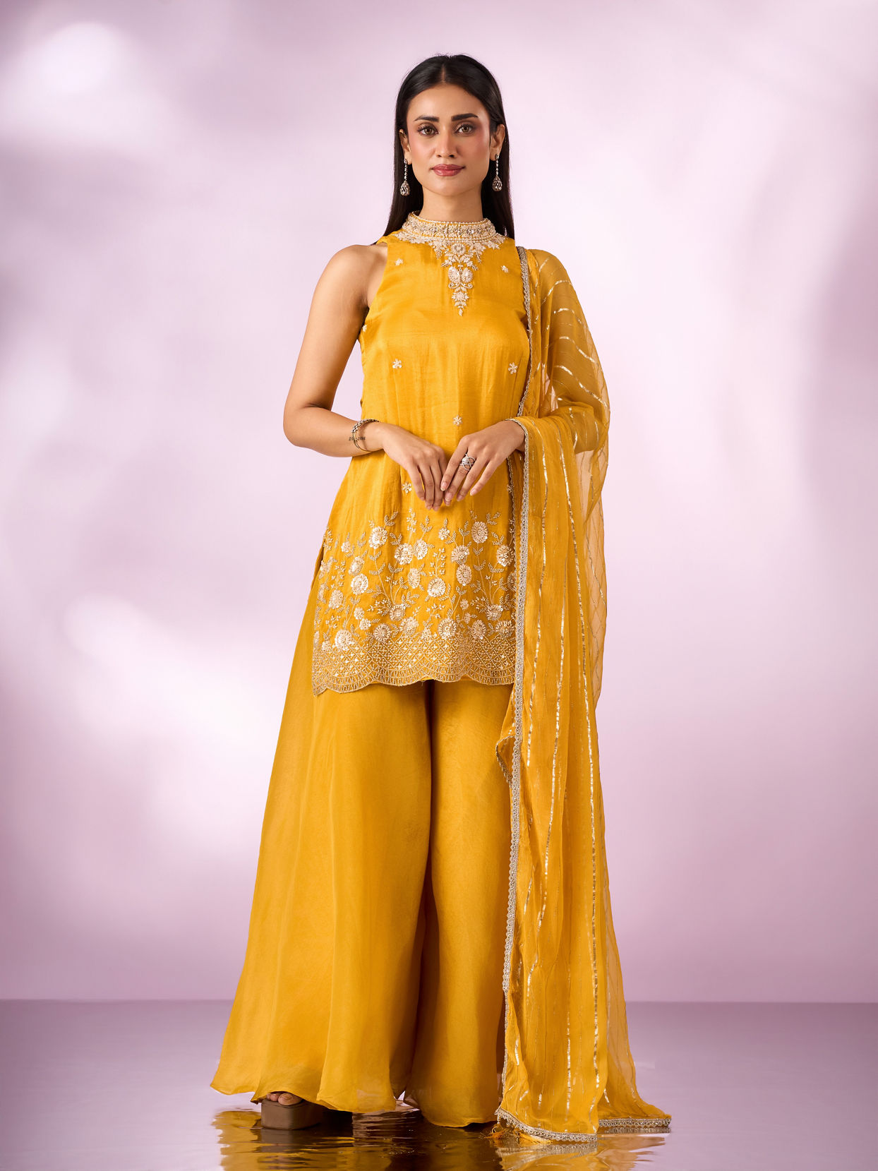 Mohey Women Yellow Tissue Palazzo Suit with Cutdana Work