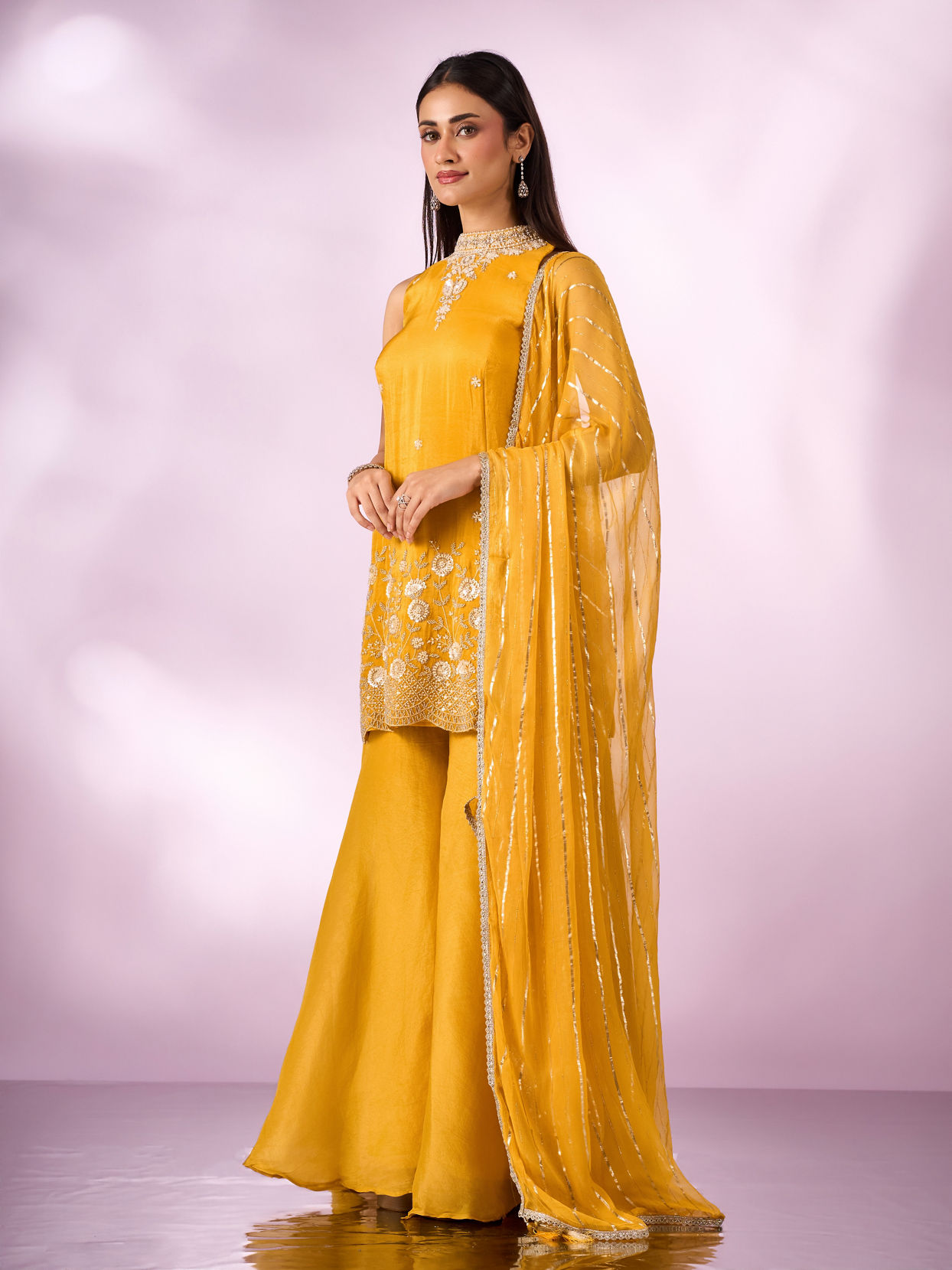 Mohey Women Yellow Tissue Palazzo Suit with Cutdana Work