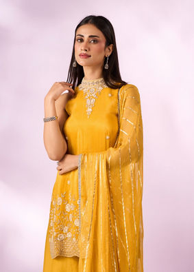 Mohey Women Yellow Tissue Palazzo Suit with Cutdana Work