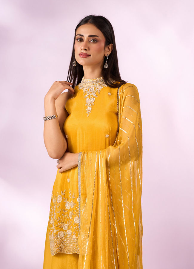Mohey Women Yellow Tissue Palazzo Suit with Cutdana Work