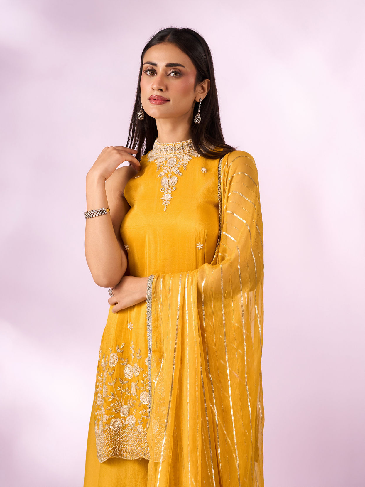 Mohey Women Yellow Tissue Palazzo Suit with Cutdana Work