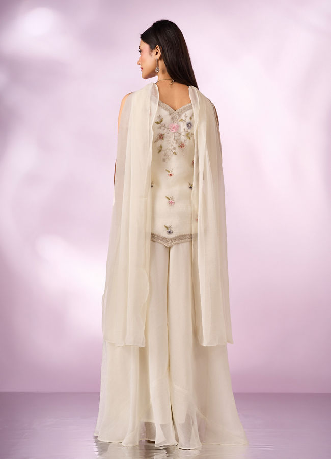 Mohey Women Cream Chinon Palazzo Suit with Embroidery