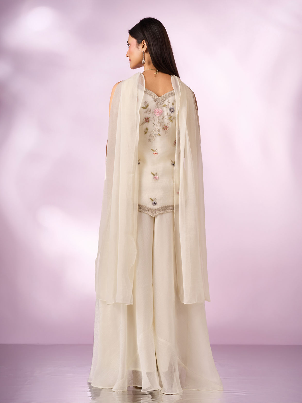 Mohey Women Cream Chinon Palazzo Suit with Embroidery