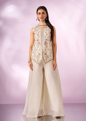 Mohey Women Cream Chinon Palazzo Suit with Embroidery