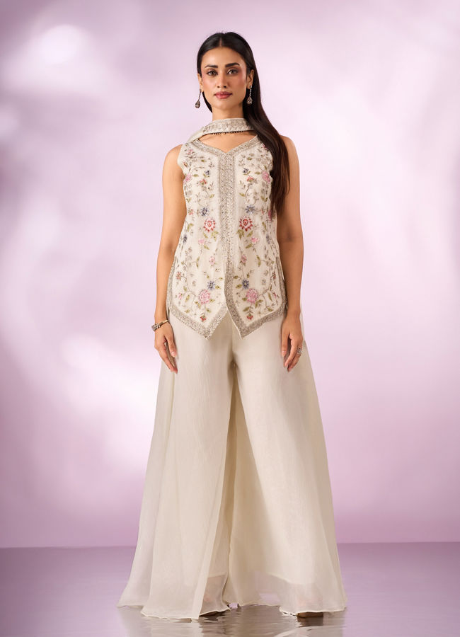 Mohey Women Cream Chinon Palazzo Suit with Embroidery