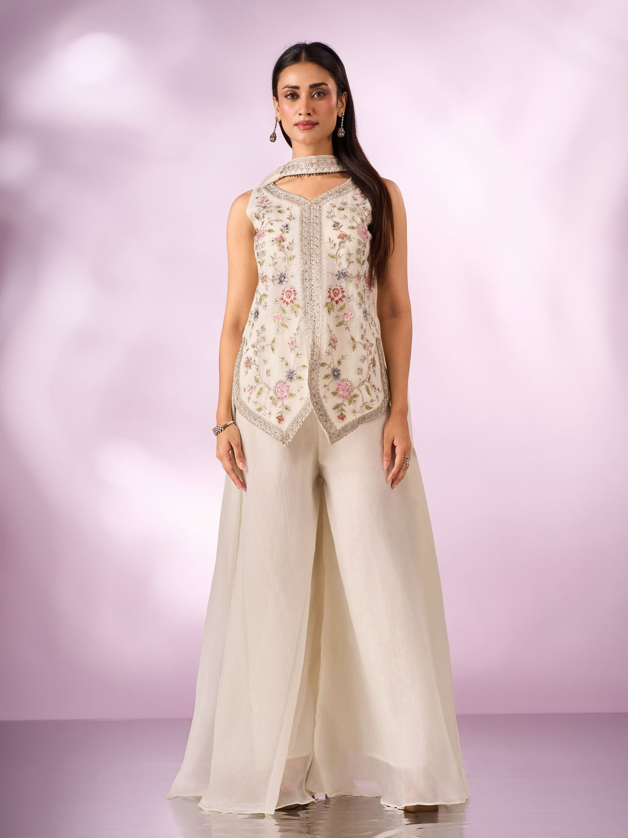 Mohey Women Cream Chinon Palazzo Suit with Embroidery