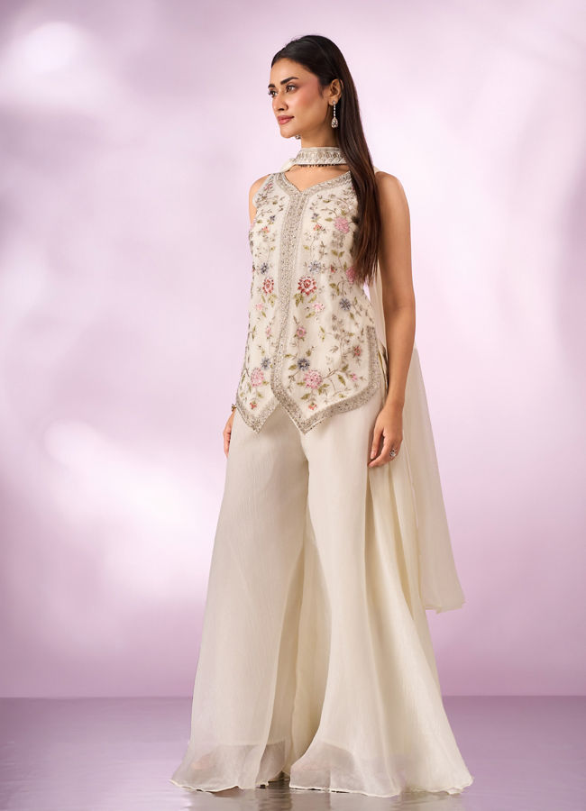Mohey Women Cream Chinon Palazzo Suit with Embroidery