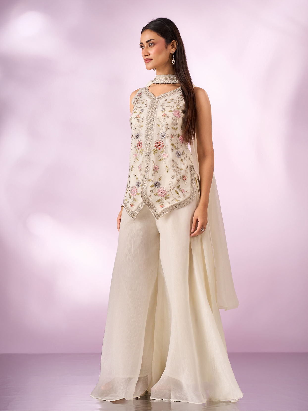 Mohey Women Cream Chinon Palazzo Suit with Embroidery