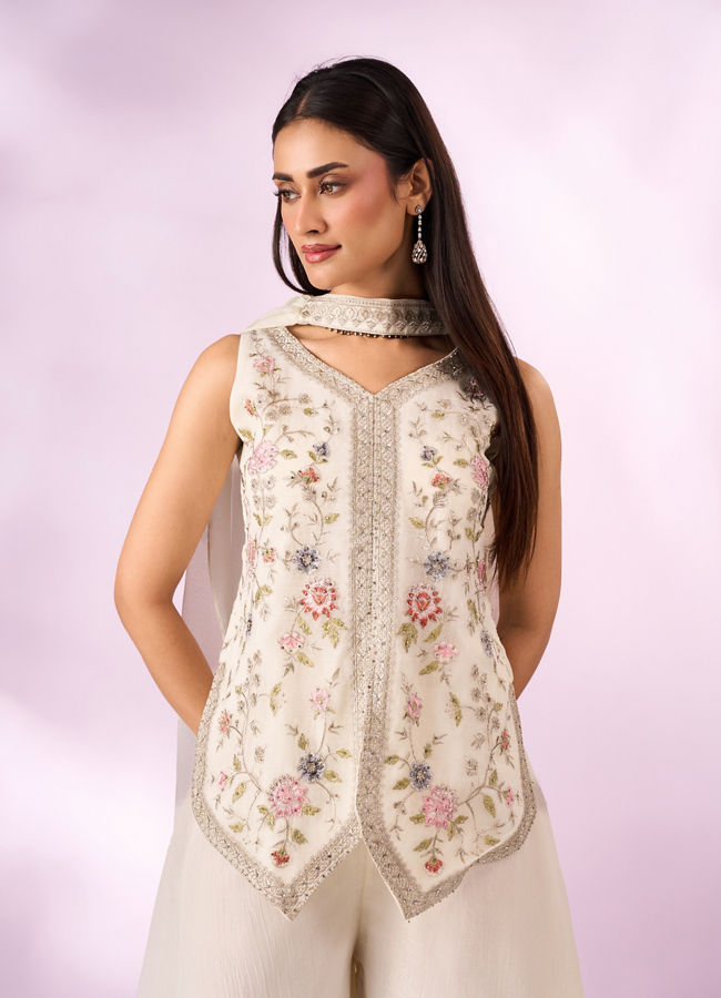 Mohey Women Cream Chinon Palazzo Suit with Embroidery